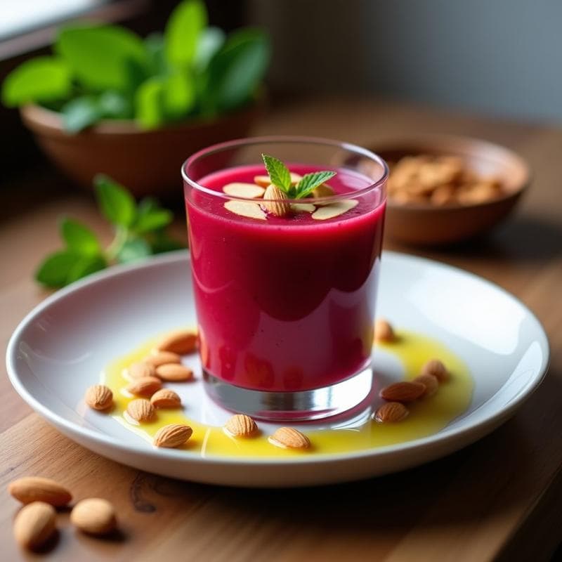 Gazpacho de Remolacha con Crujiente de Almendras: Receta Fría y Nutritiva en 15 Minutos