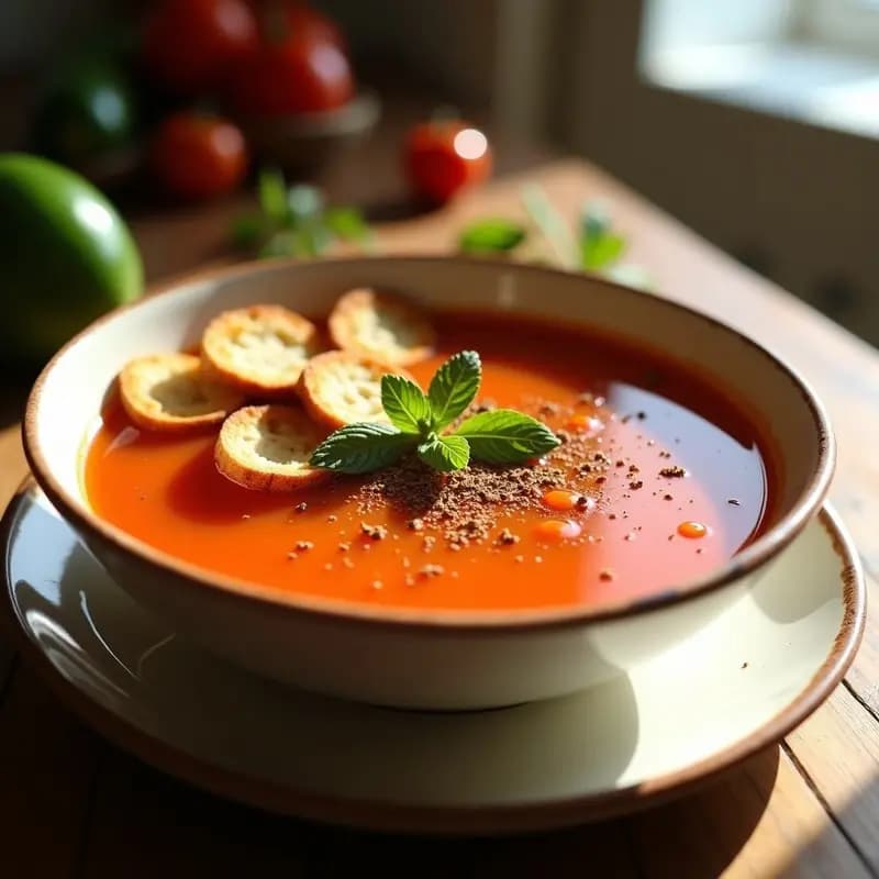 Gazpacho Andaluz con Zaatar: Receta Fría con Crujiente de Pan y Especias