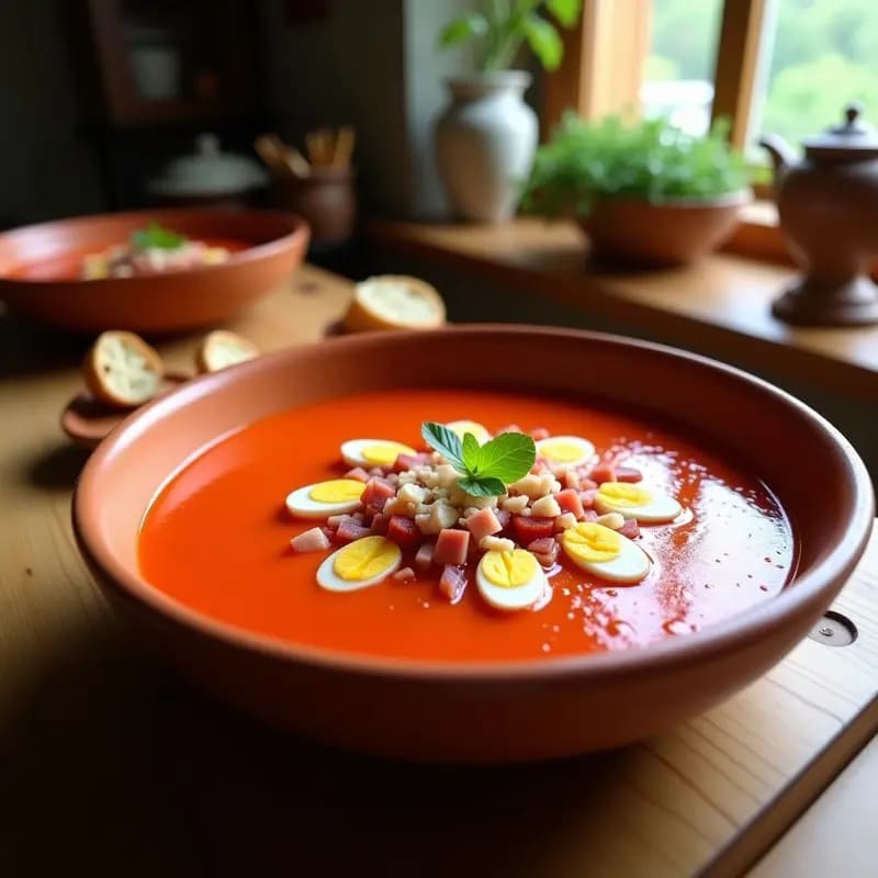 Gazpacho extremeño con huevo duro y jamón: Sopa fría con toque proteico