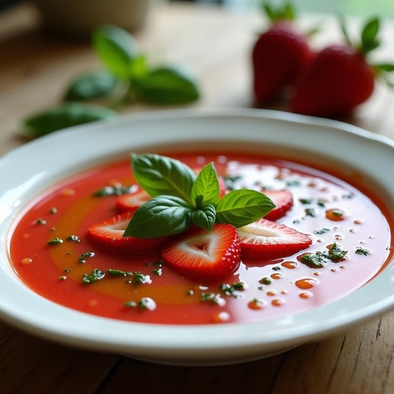 Gazpacho de Fresas y Pepino con Vinagreta de Albahaca: Receta Española Fría y Detox