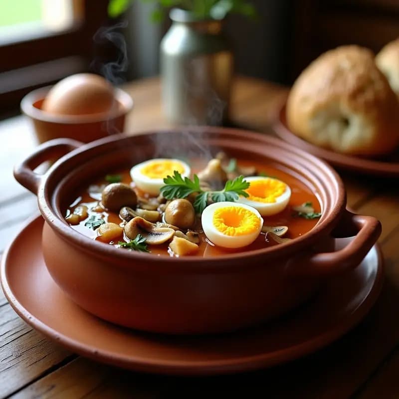 Gazpacho Manchego con Setas y Huevos Escabechados:Plato de invierno típico de Albacete