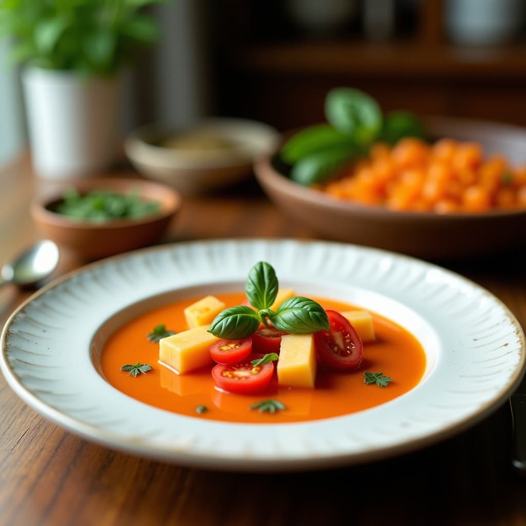 Gazpacho de Melón y Jitomate con Vinagreta de Albahaca: Receta Refrescante Sin Cocinar