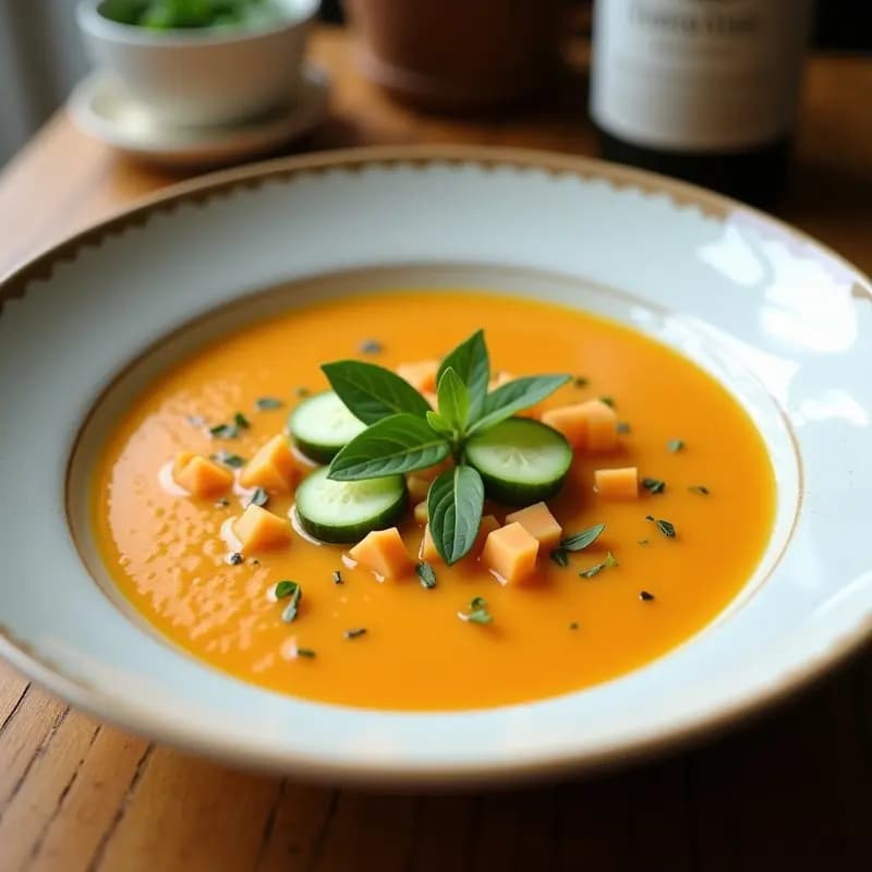 Gazpacho de Melón Cantalupo y Pepino con Vinagreta de Hierbas Provenzales: Receta Francesa Fresca