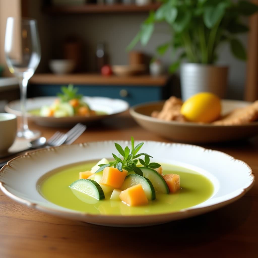 Gazpacho de Pepino y Melón con Vinagreta de Limón Confitado: Sopa Fría en 10 Minutos