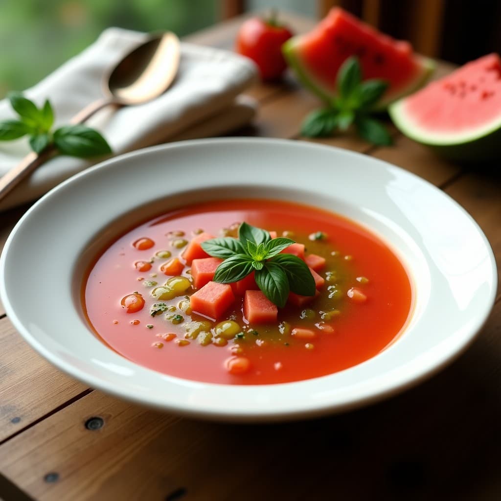 Gazpacho de Sandía y Jitomate con Vinagreta de Albahaca: Receta Fresca Sin Cocción