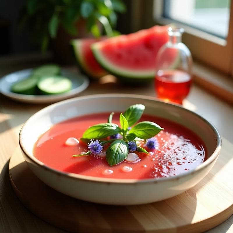 Gazpacho de Sandía, Pepino y Albahaca con Toque de Vinagre de Frambuesa: Receta Española Sin Gluten