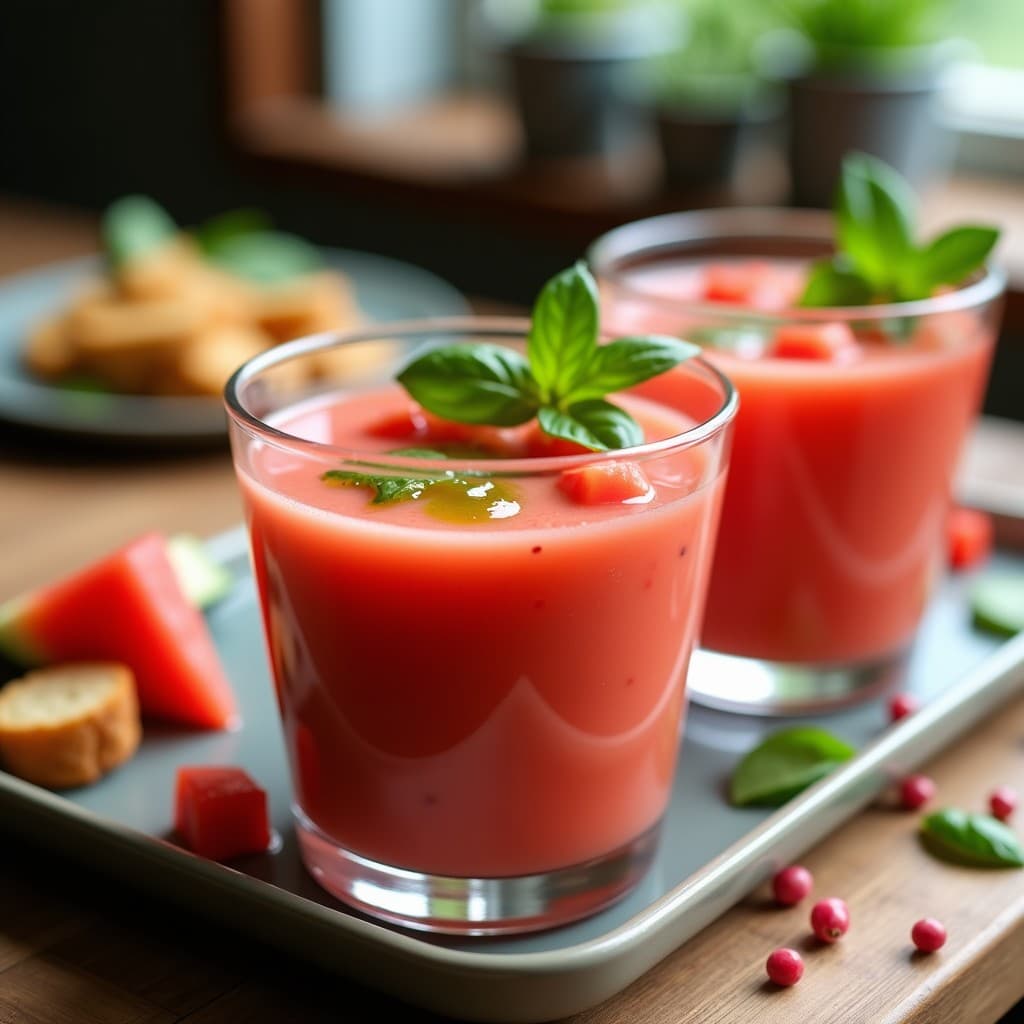 Gazpacho de Sandía y Tomate con Vinagreta de Albahaca: Receta Española Refreshante y Sin Gluten en 10 Minutos