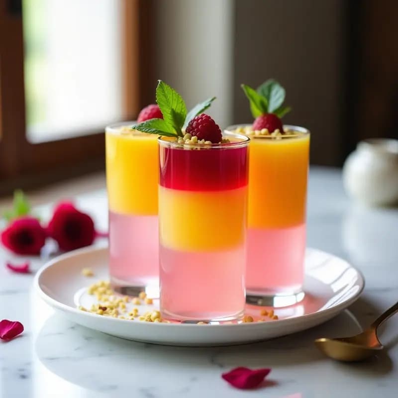 Gelatina de Agua de Rosa con Capas de Mango y Frambuesa: Postre Árabe Estético en 3 Colores