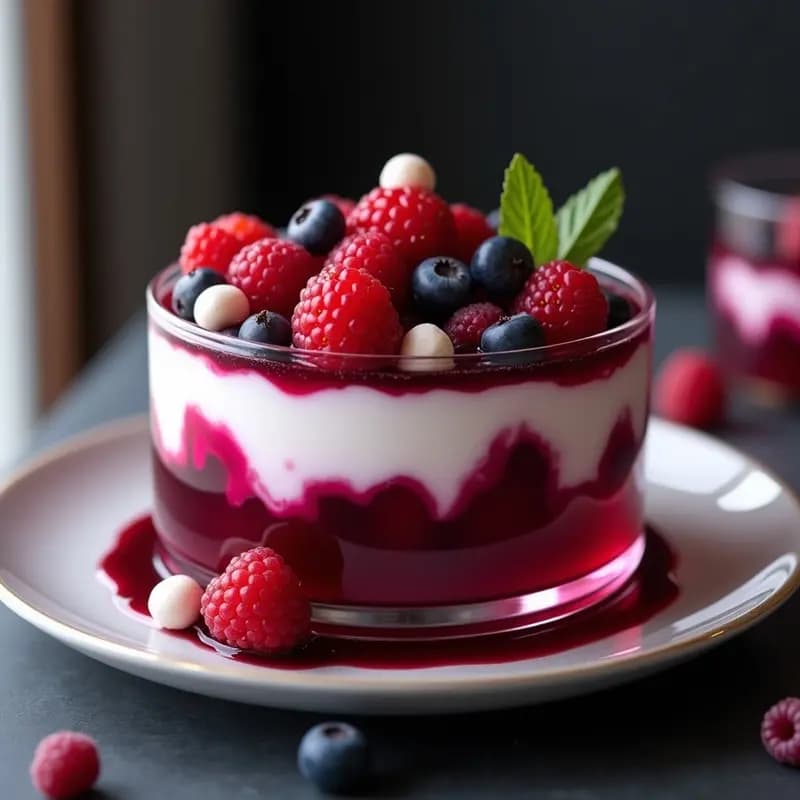 Gelatina de Flor de Jamaica con Capas de Yogur Griego y Frutos Rojos: Postre Visual en 3D