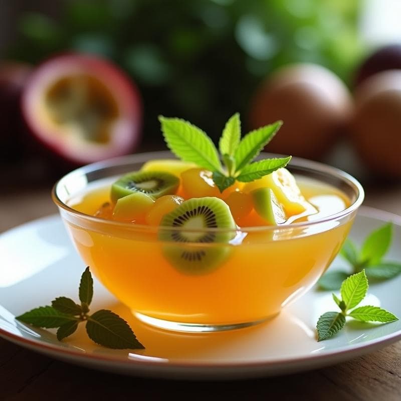 Gelatina de Maracuyá y Jengibre con Trozos de Kiwi: Postre Brasileño Sin Azúcar