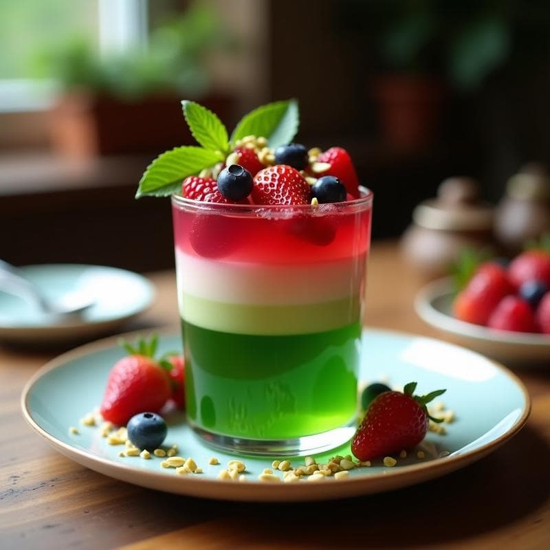 Gelatina de Matcha y Agua de Rosa con Frutos Rojos: Postre Iraní Sin Azúcar
