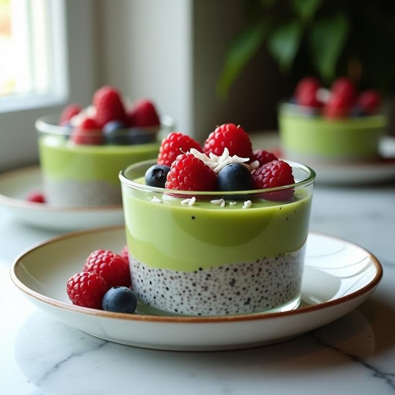 Gelatina de Matcha y Chía con Frutos Rojos: Postre Vegano Sin Horno