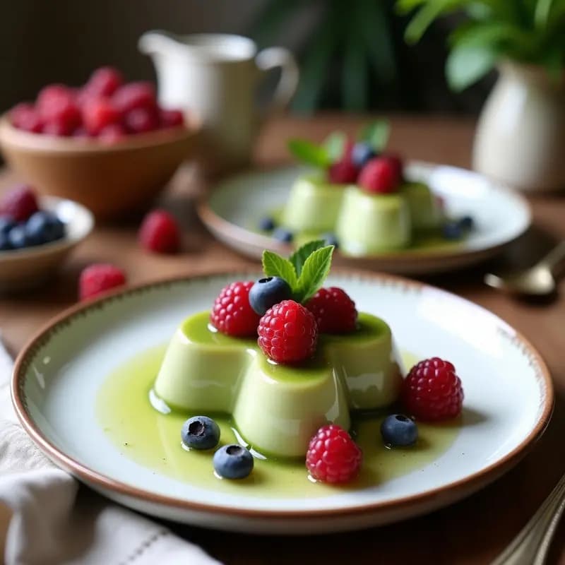 Gelatina de Matcha y coco con Capas de Leche de Almendras y Frutos Rojos en Molde de Corazón