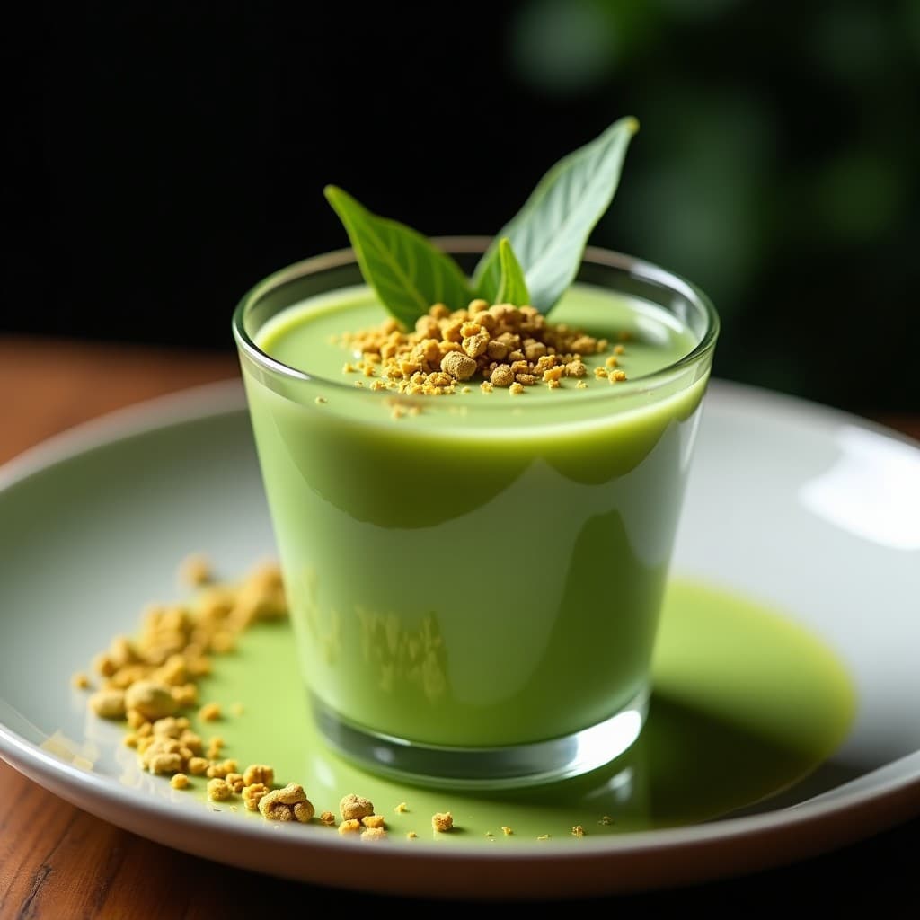 Gelatina de Matcha y Leche de Pistacho con Virutas de Oro Comestible: Postre Japonés Elegante