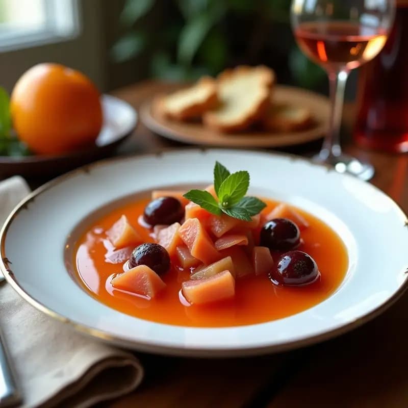 Gelatina de Vino Tinto y Frambuesas con Tocino Crujiente: Postre de Autor Dulce-Salado