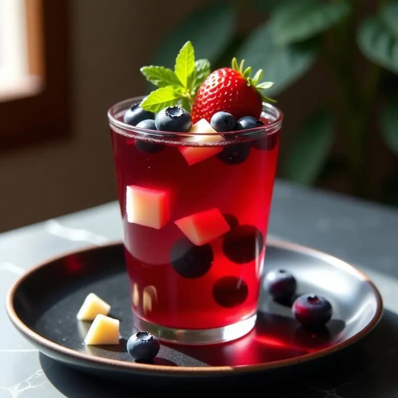 Gelatina de Vino Tinto con Trozos de Fruta y Queso de Cabra