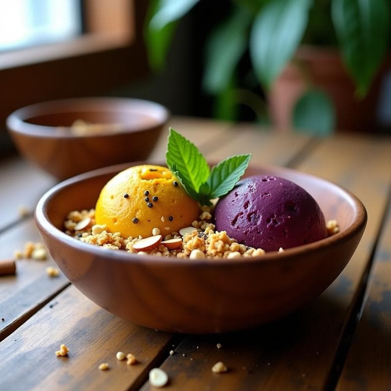 Gelato de Açaí y Granola de Cúrcuma: Postre Brasileño Vegano Sin Lácteos
