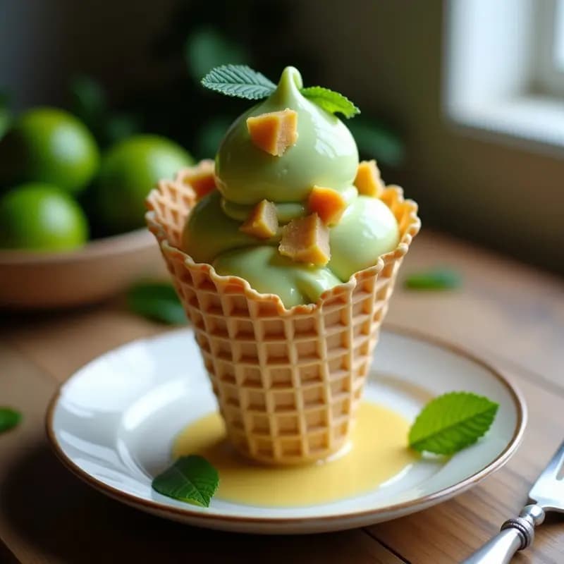 Gelato de Aguacate y Lima con Trozos de Jengibre Confitado: Postre Italiano Sin Lácteos