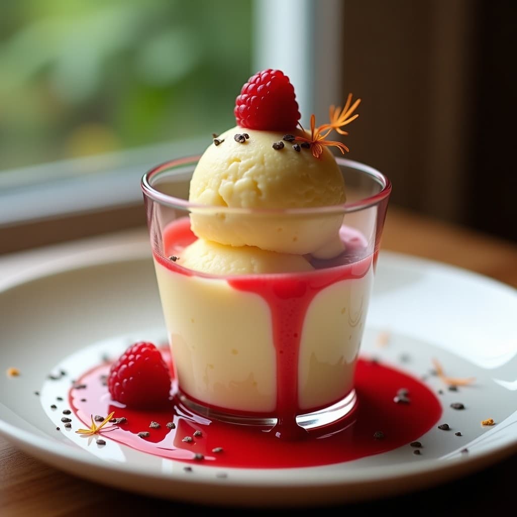 Gelato de Almendra y Azafrán con Salsa de Frambuesa: Postre Italiano Keto Sin Lácteos