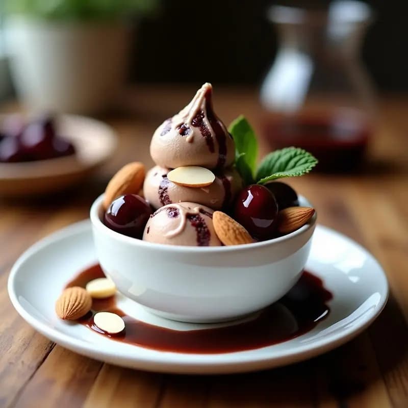 Gelato de Almendra y Cereza con Salsa de Chocolate Negro: Postre Italiano Vegano