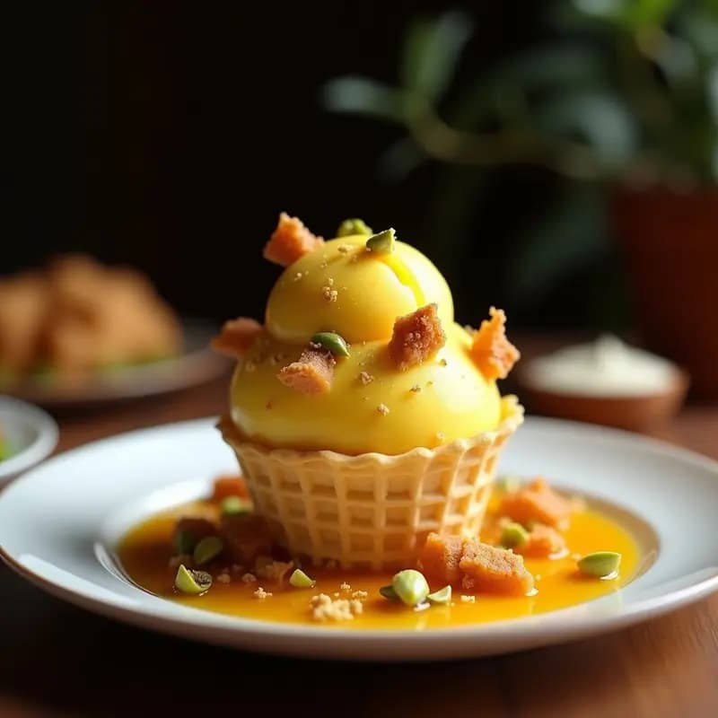 Gelato de Azafrán y Cardamomo con Trozos de Baklava: Postre Italiano-Persa Gourmet