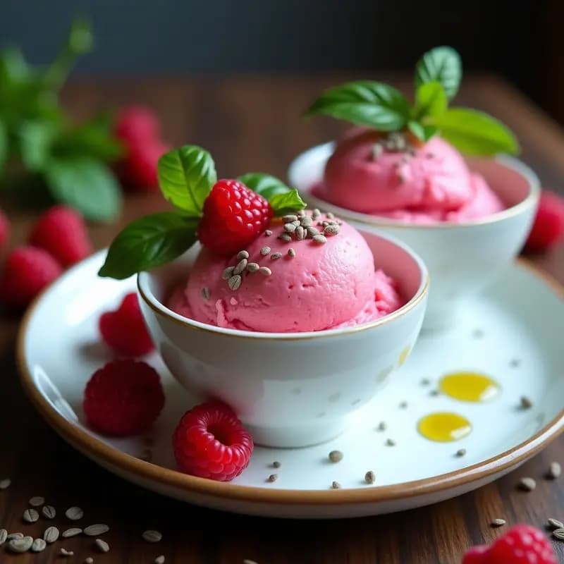 Gelato de frambuesa y albahaca: Postre italiano sin lactosa y sin azúcar añadido