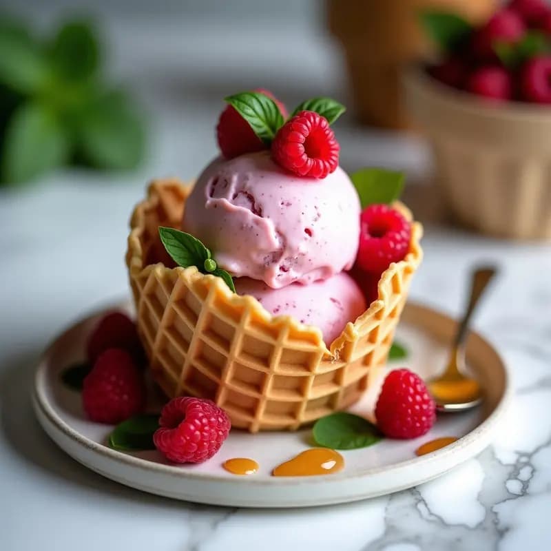 Gelato de Frambuesa y Albahaca con Base de Yogur Griego: Postre Italiano Proteico y Fresco
