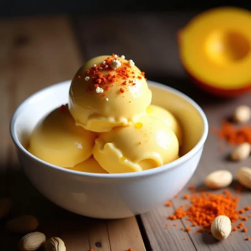 Gelato de Mango y Chili en Polvo con Topping de Cacahuete: Postre Italiano Vegano y Picante