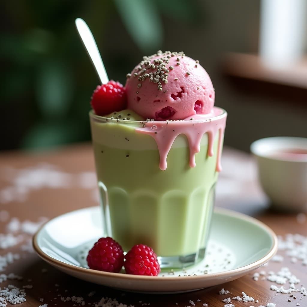 Gelato de matcha y frambuesas con salsa de chocolate blanco vegano: postre lago en 15 minutos