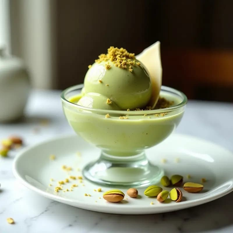 Gelato de Pistacho y Cardamomo con Virutas de Chocolate Blanco: Postre Italiano Cremoso y Sin Lácteos