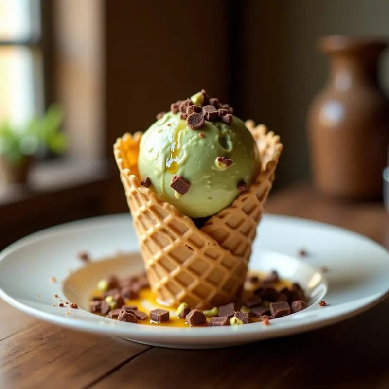 Gelato de Pistacho y Miel con Trozos de Chocolate: Postre Italiano Artesanal
