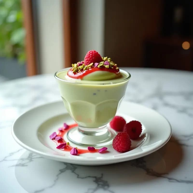 Gelato de Pistacho y Rosa con Salsa de Frambuesa: Postre Italiano Sin Azúcar