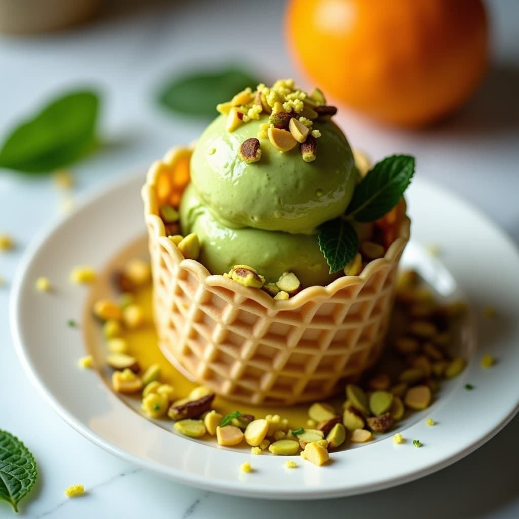 Gelato de Té Verde con Virutas de Pistacho y Miel de Azahar: Postre Italiano Sin Lactosa en Maquina de Helados