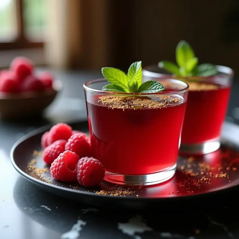 Gelée de Frambuesas y Vinagre Balsámico con polvo de oro comestible: Postre Francés Elegante