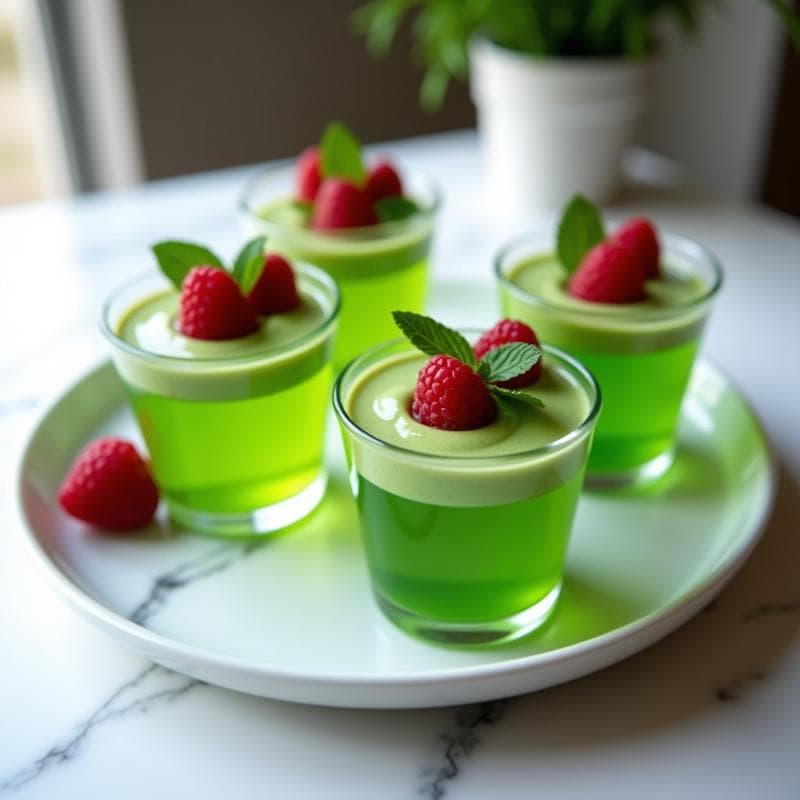 Gelée de Matcha y Leche de migdalas con Frambuesas: Postre Japonés Keto y Sin Cocción
