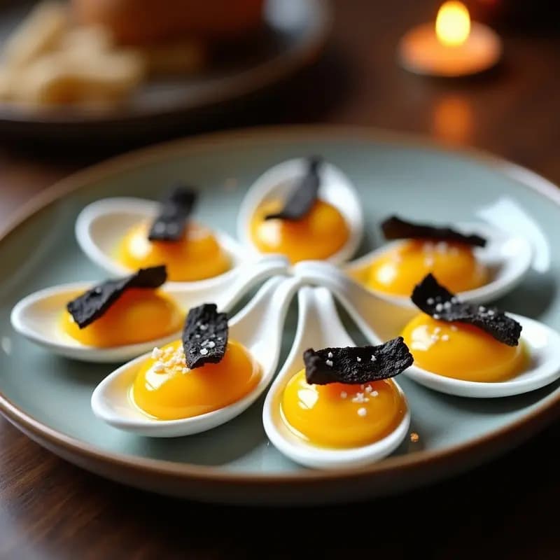 Gemas de Yema de Huevo con Infusión de Azafrán y Trufa Negra: Tapa Española de Lujo en 1 Boca