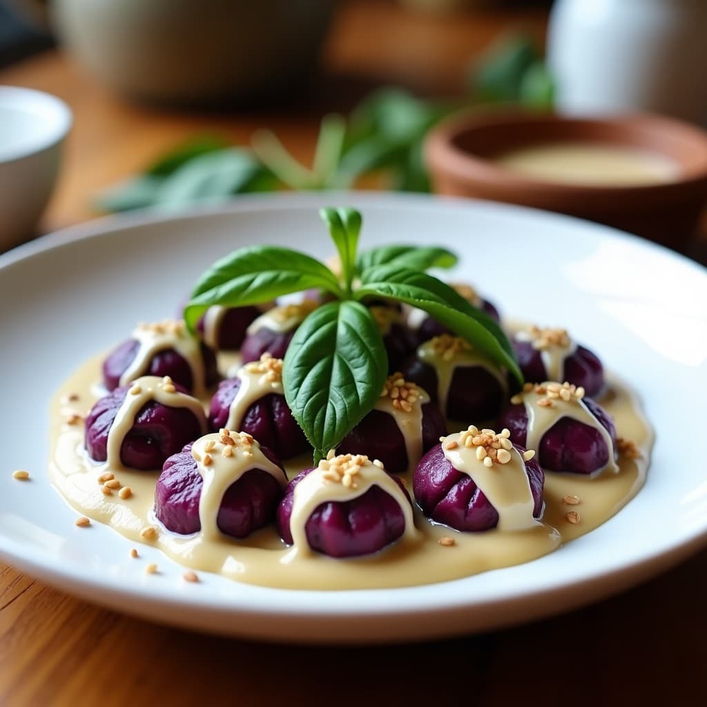 Gnocchi de Batata Morada y Espinacas con Salsa de Tahini: Receta Italiana Sin Gluten en Thermomix