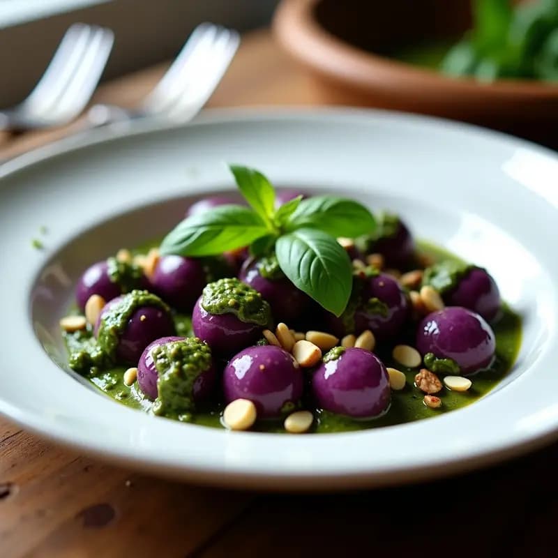 Gnocchi de Batata Morada con Pesto de Albahaca Negra: Plato Principal Sin Gluten en 30 Minutos