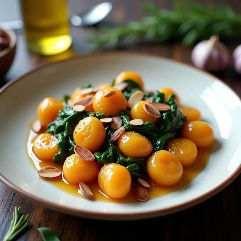 Gnocchi de Boniato y Espinacas con Salsa de Ajo Negro: Plato Italiano Vegano