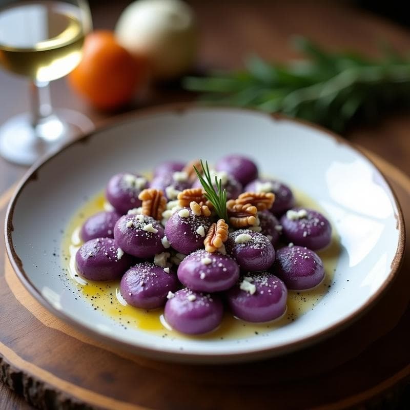 Gnocchi de Boniato Morado con Salsa de Queso Azul y Nueces: Receta Italiana Sin Gluten