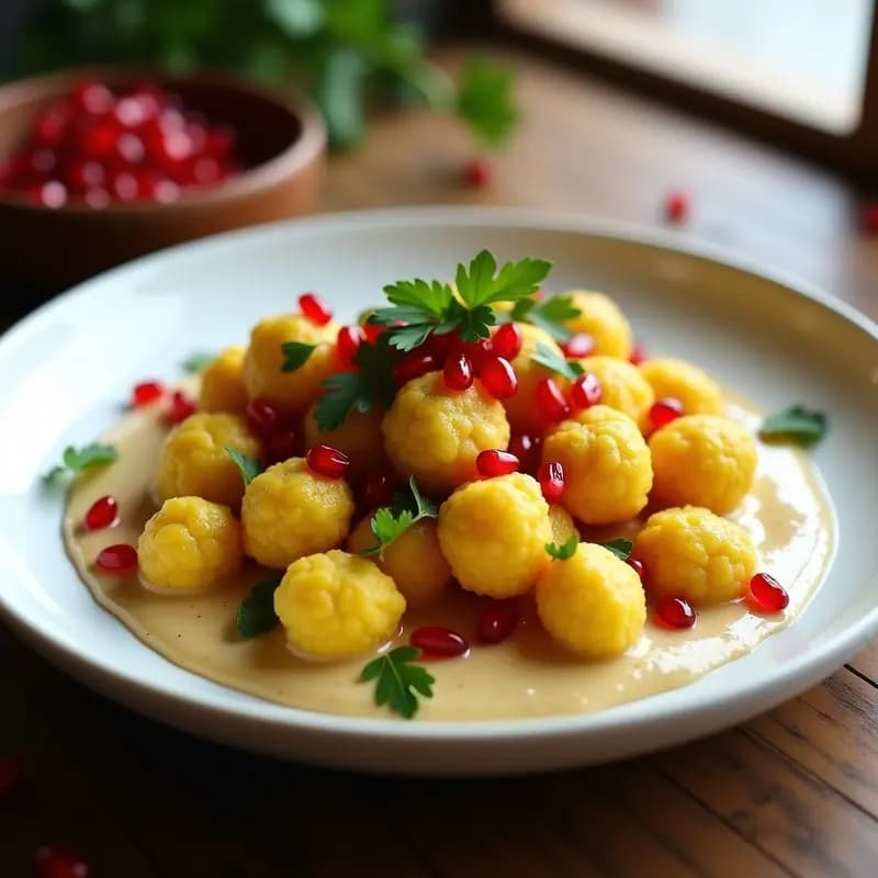Gnocchi de Coliflor y Cúrcuma con Salsa de Tahini y Granada: Receta Keto Antiinflamatoria