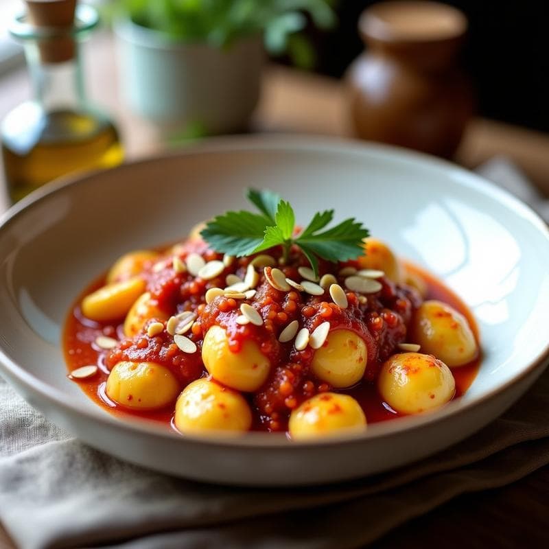 Gnocchi de Ñame Blanco con Salsa de Pimientos Choriceros y Anchoas: Receta Española Keto en 25 Minutos