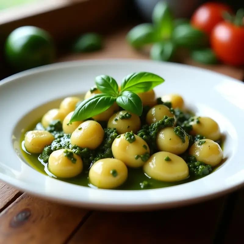Gnocchi de Patata al Pesto Genovés: Receta Italiana Vegana con Albahaca Fresca y Piñones