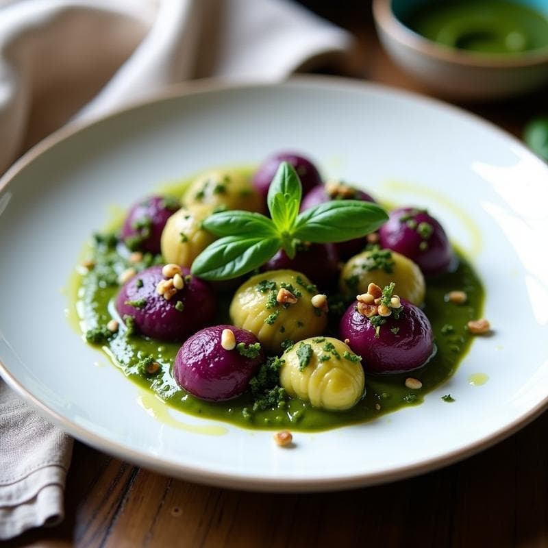 Gnocchis de Batata Morada con Pesto de Albahaca y Nueces: Receta Vegana en Thermomix