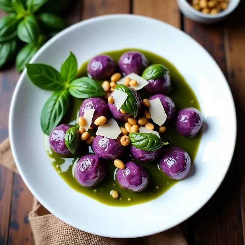 Gnocchis de Boniato Morado: Receta Italiana Keto con Salsa de Albahaca y Piñones