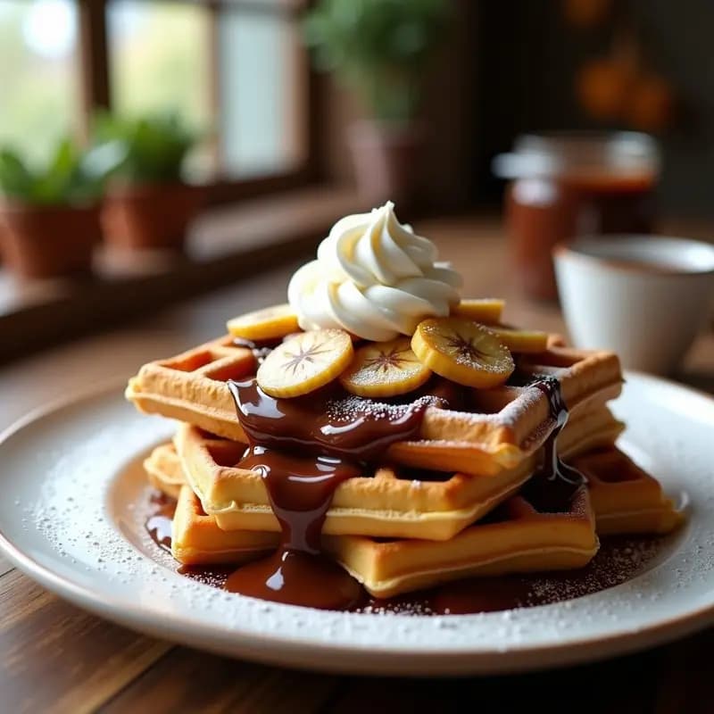 Gofres Belga con Toppings de Nutella, Plátano y Nata Montada: Desayuno Dulce que te Hará sonido Feliz