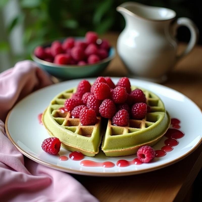 Gofres de Harina de Coco y Matcha con Compota de Frambuesas: Desayuno Keto Sin Azúcar