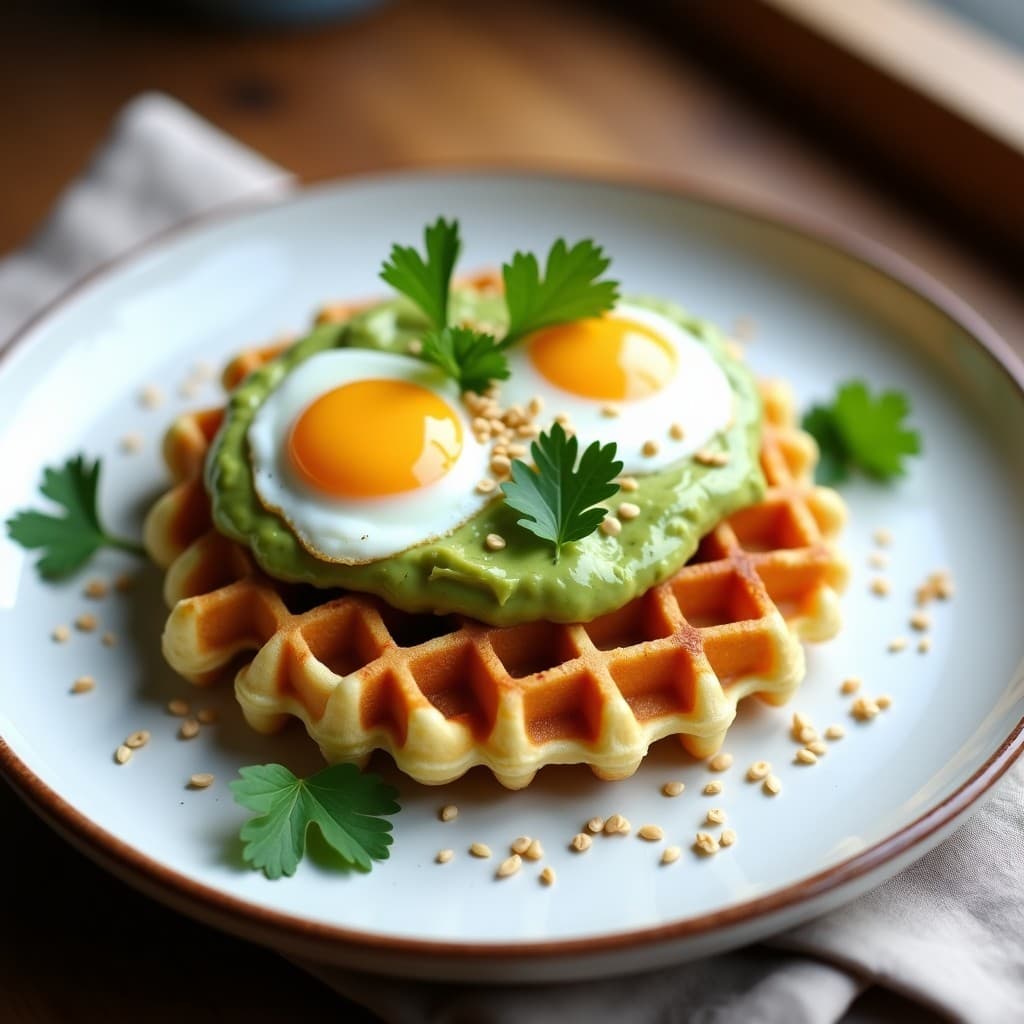 Gofres de Harina de Garbanzo con Crema de Aguacate y Huevos Poché: Brunch Keto y Crujiente