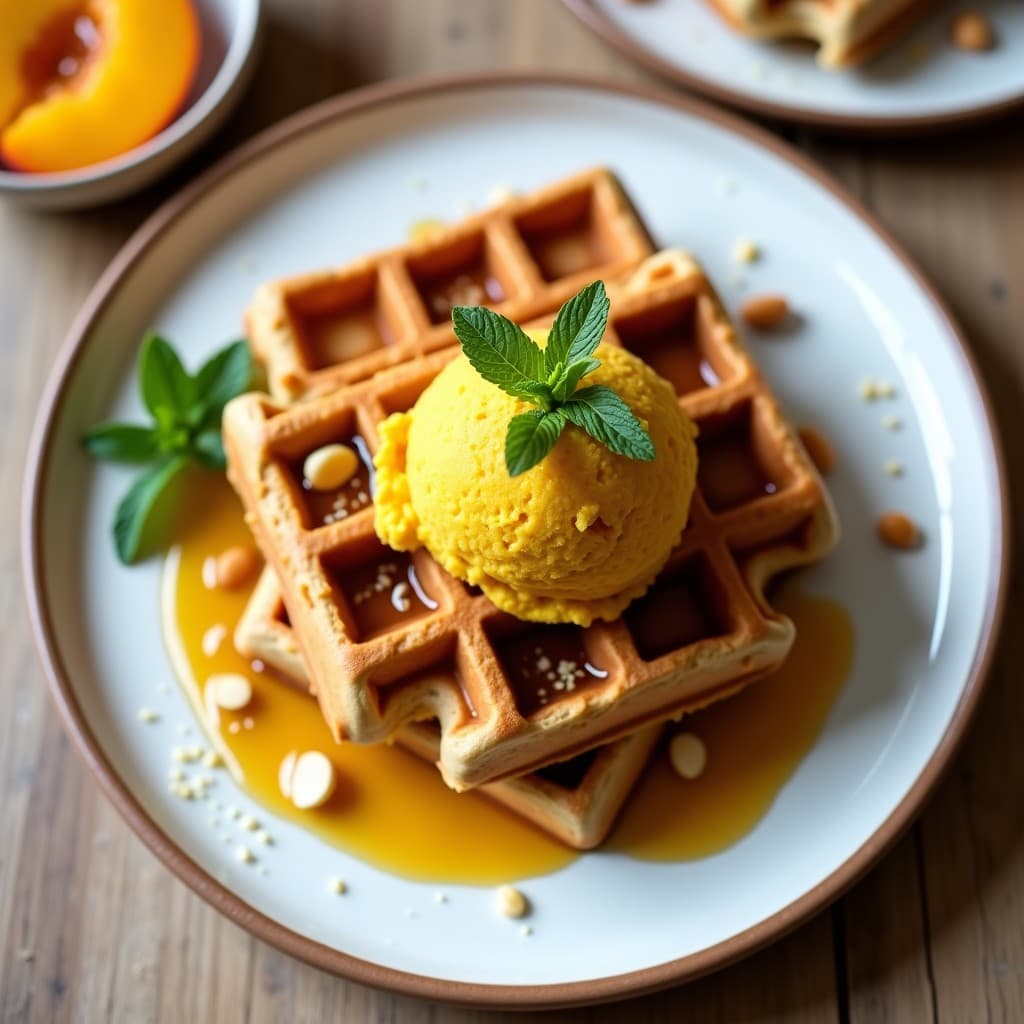 Gofres de Harina de Teff con Compota de Durazno y Helado de Cúrcuma: Desayuno Etíope Keto