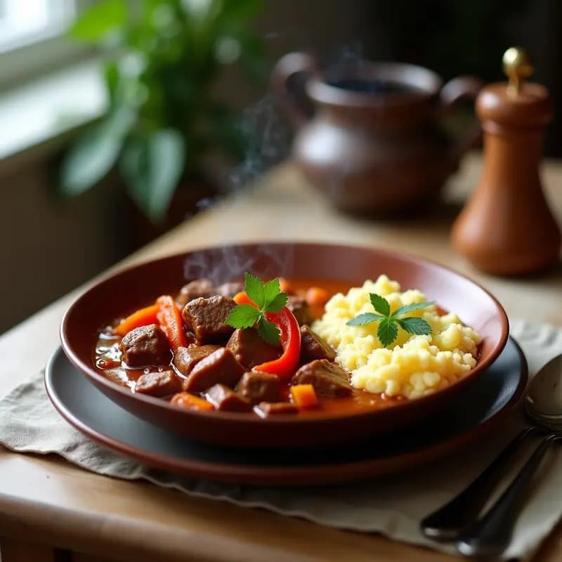 Goulash de Carne de Res y Pimientos con Puré de Coliflor: Receta Húngara Keto